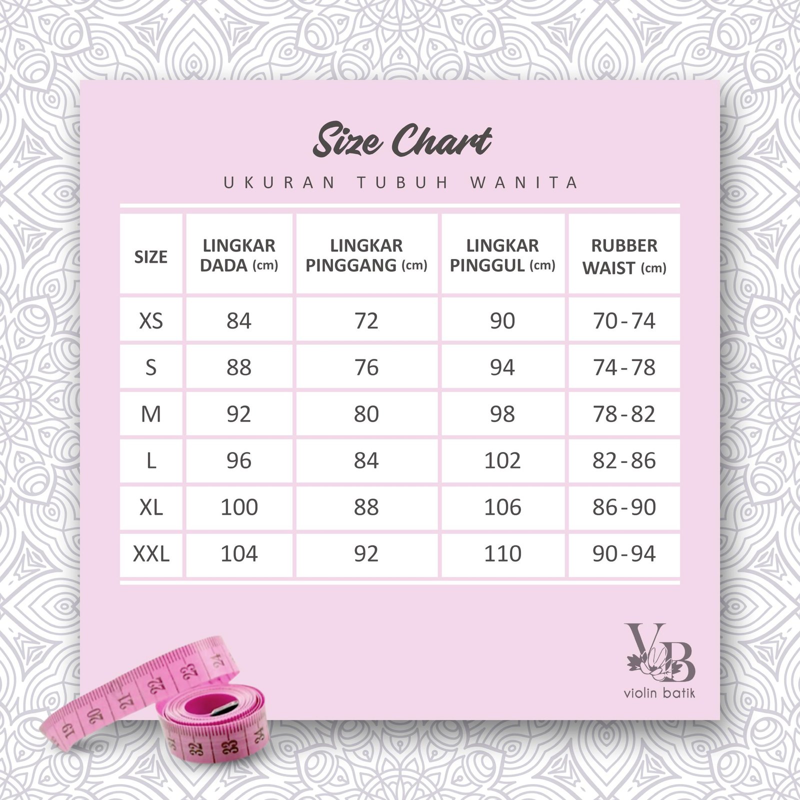 Size Chart Baju Wanita